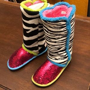 Girls' Pink Sequin Zebra-Print Boots with Blue Trim